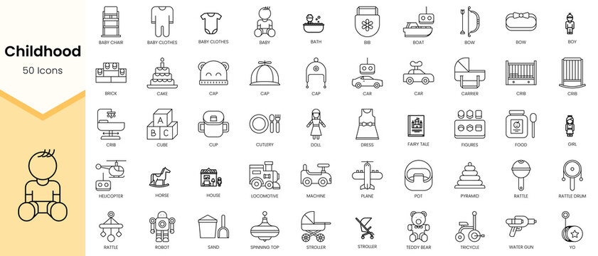 Simple Outline Set of Childhood icons. Linear style icons pack. Vector illustration