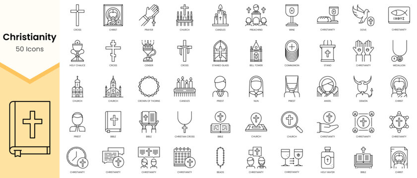 Simple Outline Set of Christianity icons. Linear style icons pack. Vector illustration