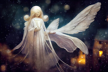 Fototapeta na wymiar White angel in a town at night in winter, snowfall, painting style, AI generated image