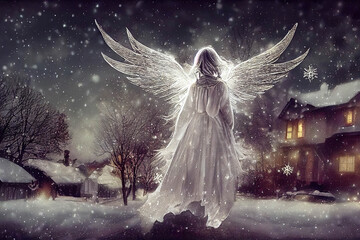 Fototapeta na wymiar Beautiful white angel with transparent wings flying around a little town at night in the snow, painting style, AI generated image