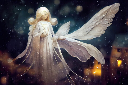 White angel in a town at night in winter, snowfall, painting style, AI generated image