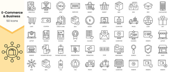 Fototapeta na wymiar Simple Outline Set of E Commerce and Business icons. Linear style icons pack. Vector illustration