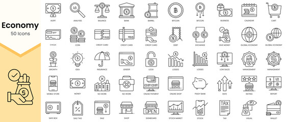 Fototapeta na wymiar Simple Outline Set of Economy icons. Linear style icons pack. Vector illustration
