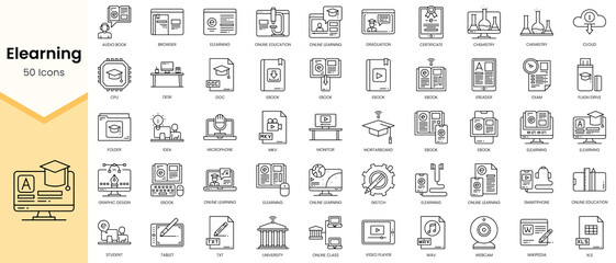 Obraz na płótnie Canvas Simple Outline Set of Elearning icons. Linear style icons pack. Vector illustration