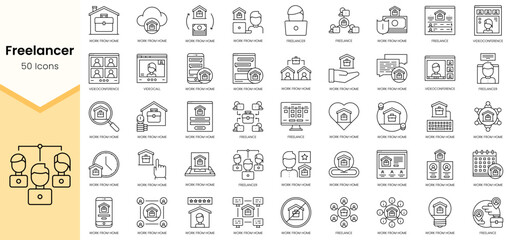 Simple Outline Set of Freelancer icons. Linear style icons pack. Vector illustration