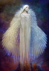 Beautiful white angel in the colorful space among the stars, painting style, AI generated image