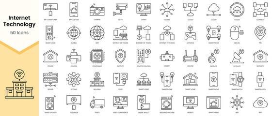 Simple Outline Set of Internet Technology icons. Linear style icons pack. Vector illustration