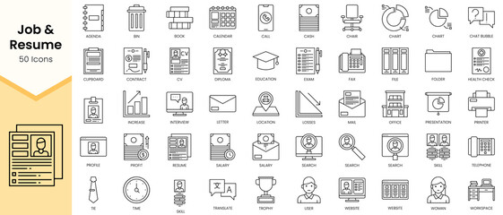 Simple Outline Set of Job and Resume icons. Linear style icons pack. Vector illustration