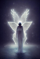 White glowing angel with many transparent wings in the snow, dark blue background, AI generated image