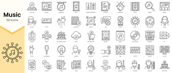 Simple Outline Set of Music icons. Linear style icons pack. Vector illustration