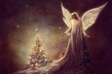 Beautiful golden angel near the Christmas tree, painting style, AI generated image