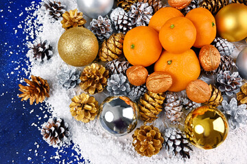 Christmas composition with tangerines top view сlose up
