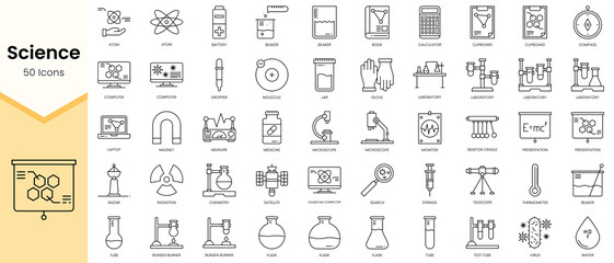 Simple Outline Set of Science icons. Linear style icons pack. Vector illustration