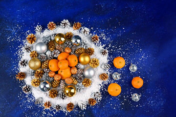 Christmas composition with tangerines top view