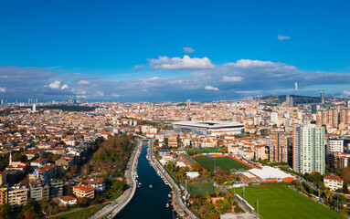 Aerial view from Moda Yogurtcu Park neighborhoods of Kadikoy, a large, populous, and cosmopolitan district in the Asian side of Istanbul, Turkey.