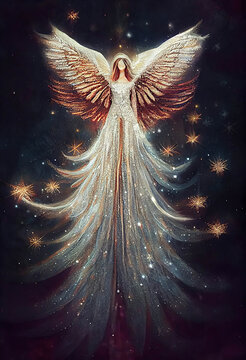 Beautiful angel in a long white dress with golden wings in the dark starry night sky, painting style, AI generated image