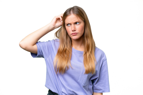 Young beautiful woman over isolated background having doubts while scratching head