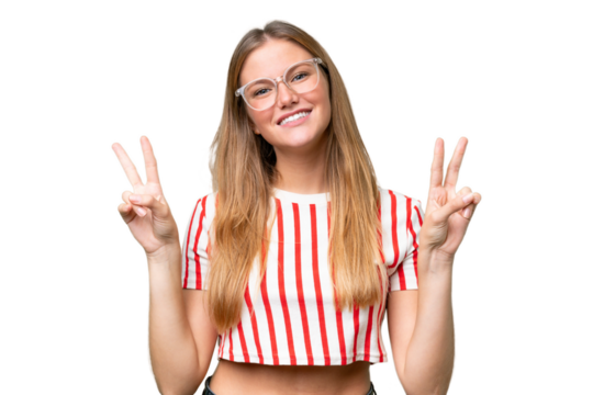 Young beautiful woman over isolated background showing victory sign with both hands - Powered by Adobe