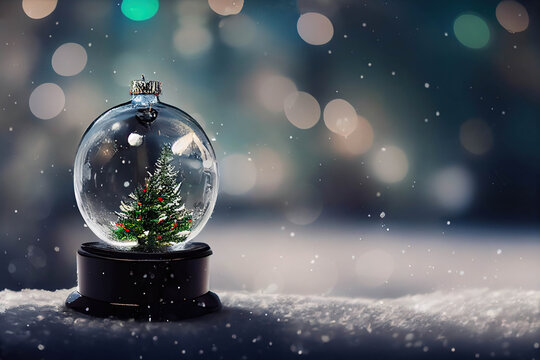 Beautiful glass globe with a Christmas tree inside, snow and bokeh background, AI generated image