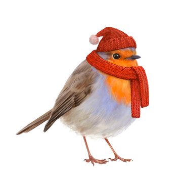 Robin Bird in a red knitted hat and scarf.  Watercolor hand drawing.  Idea for New Year and Christmas stickers, postcards, calendars, books.