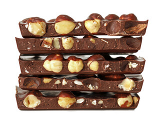 stack of broken chocolate bar with hazelnuts isolated on white background, side view of dark chocolate with nuts