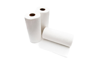 Kitchen paper rolls, isolated on white background. Hygiene material concept.