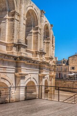 The Arles Amphitheatre, Roman amphitheatre in the southern French town of Arles. UNESCO World Heritage Site, France. Medieval building.