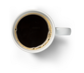 white coffee cup / mug with hot black coffee, isolated design element, top view / flat lay