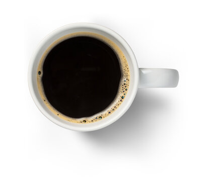white coffee cup / mug with hot black coffee, isolated design element, top view / flat lay