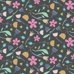 Medium scale stylised floral scattered repeat pattern on a dark grey background