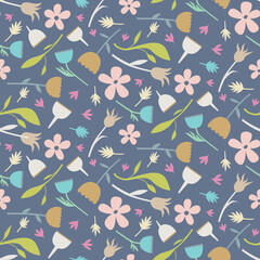Medium scale stylised floral scattered repeat pattern on a dark blue background