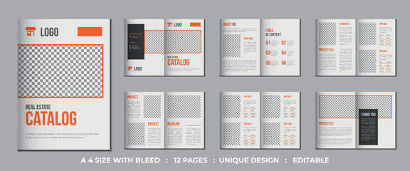 Fototapeta na wymiar 12 Pages real estate catalog or porperty a4 bifold brochure template design 