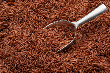 Organic red rice full frame and a metal scoop close up full frame as background