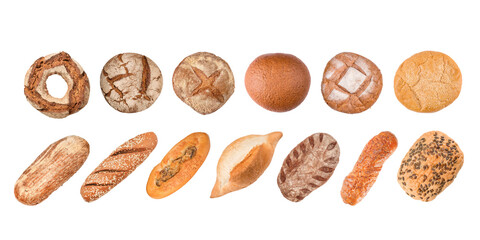 Bread buns top view set in the row. Top view of bread collection isolated with transparency - 549486288