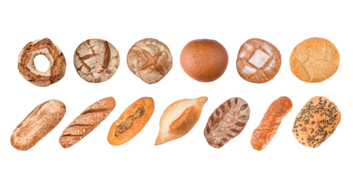 Bread buns top view set in the row. Top view of bread collection isolated with transparency - Powered by Adobe