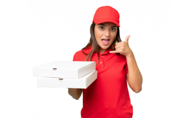 Pizza delivery caucasian woman with work uniform picking up pizza boxes isolated on green chroma background making phone gesture. Call me back sign