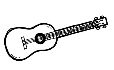 Plakat Small four string ukulele guitar. Musical instrument for playing live music. Outline hand drawn sketch. Drawing with ink. Isolated on white background. Vector.