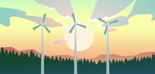 Wind generator. Clean renewable energy. Landscape with windmills. Sunrise over the taiga coniferous forest. Cartoon fun style. Flat design. Vector.