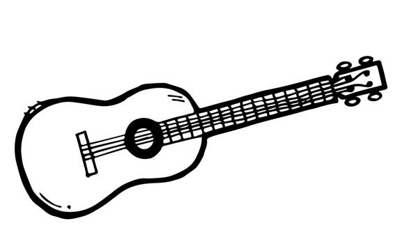 Small four string ukulele guitar. Musical instrument for playing live music. Outline hand drawn sketch. Drawing with ink. Isolated on white background. Vector.