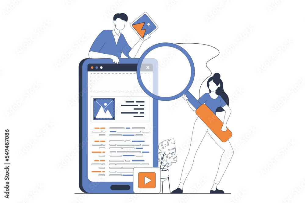 Aufkleber App development concept with people scene in flat outline design. Man and woman designing app interface and working with content and buttons. Vector illustration with line character situation for web