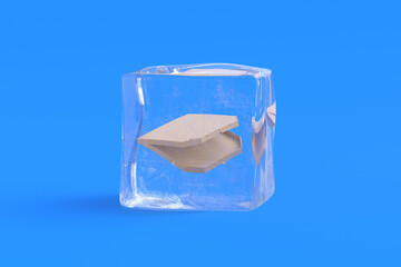 Pizza box in ice cube. 3d illustration
