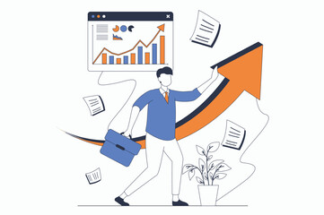 Obraz na płótnie Canvas Business activities concept with people scene in flat outline design. Man develops and invests money in business projects, increases income. Vector illustration with line character situation for web
