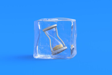 Sand clock in ice cube. 3d illustration