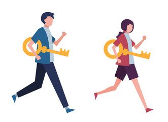 鍵を持って走る男女　若者　人物フラットイラスト
