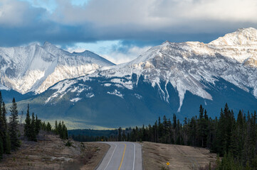 Beautiful panoramic view of a road in the Canadian Rocky Mountains, Alberta, Canada