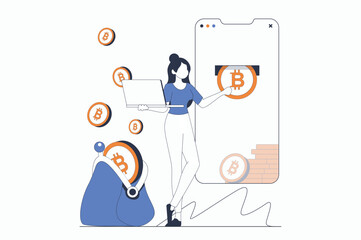 Cryptocurrency mining concept with people scene in flat outline design. Woman mining bitcoin in digital wallet using mobile phone and laptop. Vector illustration with line character situation for web