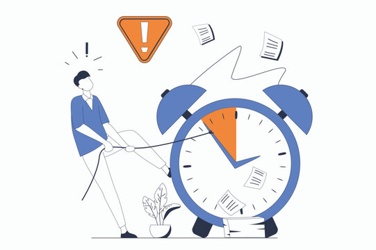 Deadline concept with people scene in flat outline design. Man trying to complete work tasks and paperwork in office before time is ending. Vector illustration with line character situation for web