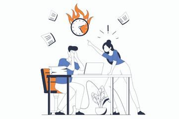 Deadline concept with people scene in flat outline design. Angry boss screaming at upset manager while man trying to complete work tasks. Vector illustration with line character situation for web