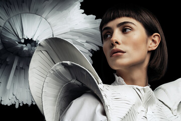 Portrait of woman in accessory with white wings and large flower