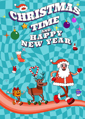 Fototapeta premium Groovy hippie Christmas poster. Santa Claus, Deer and Gift Box n trendy retro cartoon style